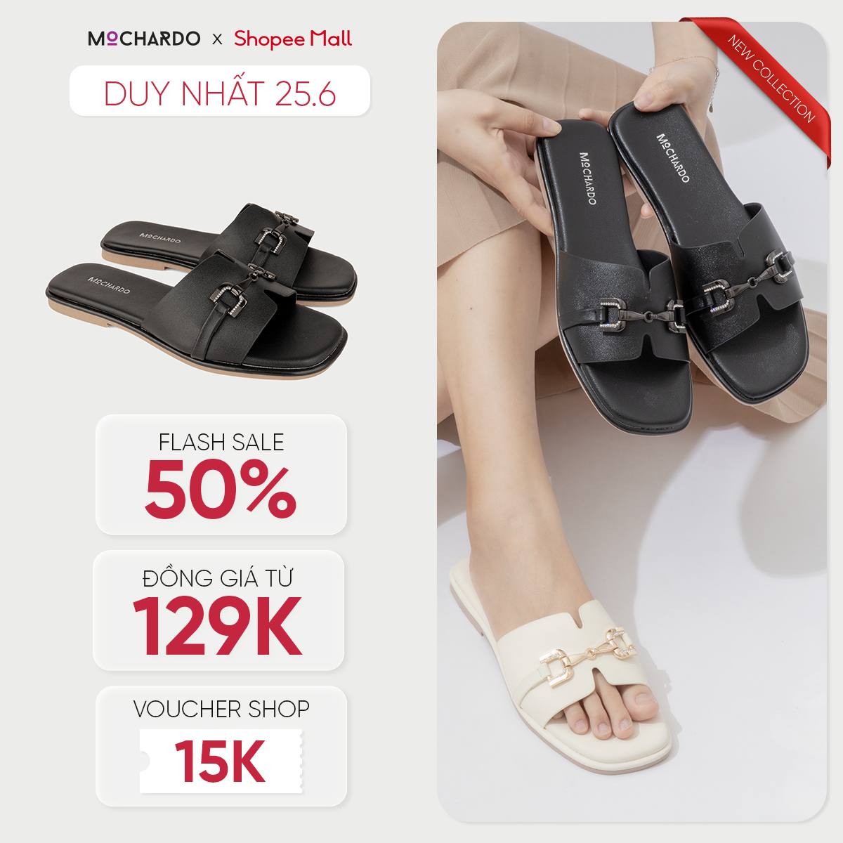 Dép Bệt Nữ Đế Bằng MOCHARDO Mũi Vuông Quai Ngang Chữ H Phối Khóa Xích D-101