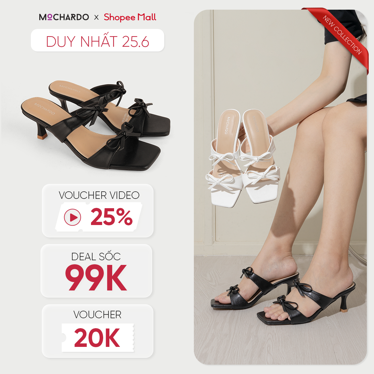 Dép Cao Gót Nữ MOCHARDO Gót Trụ 2 Quai Mảnh Phối Nơ Xinh Xắn Thời Trang 5cm MC.305